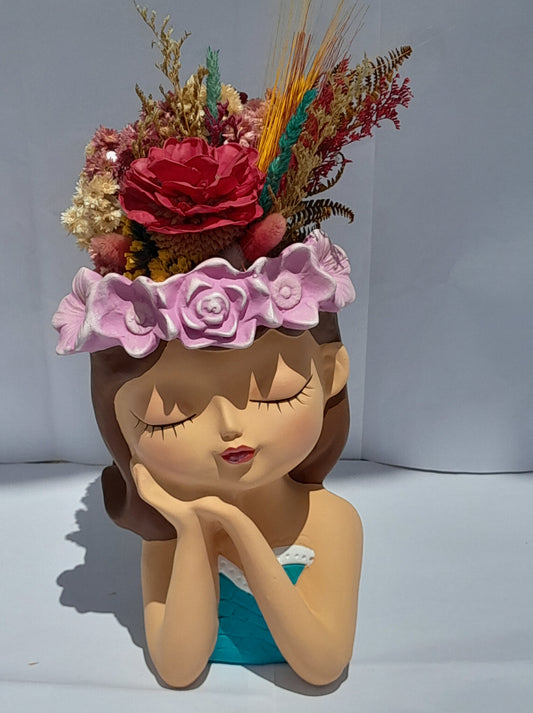 Florero de Cerámica Soñadora con Diadema de Flores y Ramo Eterno – Regalo Decorativo